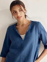 Linen Button-Down V-Neck Top MELANIE - TOPS-Linen Blouses