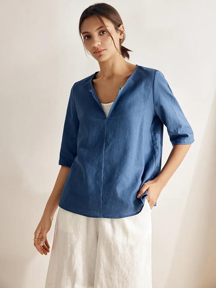Linen Button-Down V-Neck Top MELANIE - TOPS-Linen Blouses