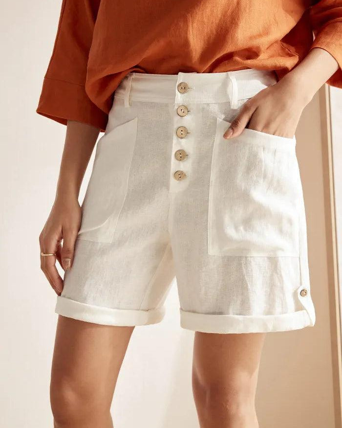Linen Button-Fly Quarter Shorts LUCY - Off White / S - BOTTOMS-Linen