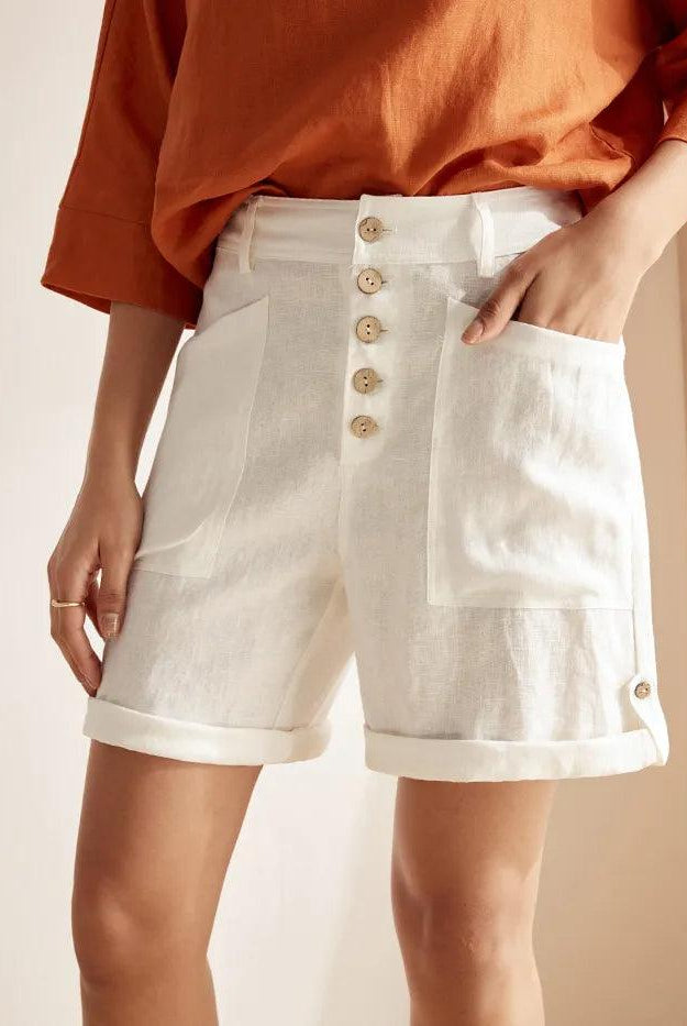Linen Button-Fly Quarter Shorts LUCY - Off White / S - BOTTOMS-Linen