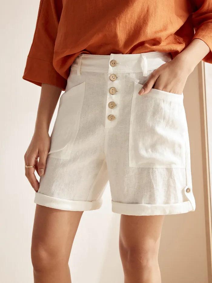 Linen Button-Fly Quarter Shorts LUCY - Off White / S - BOTTOMS-Linen