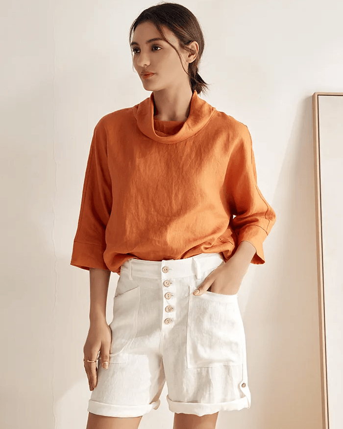Linen Button-Fly Quarter Shorts LUCY - BOTTOMS-Linen