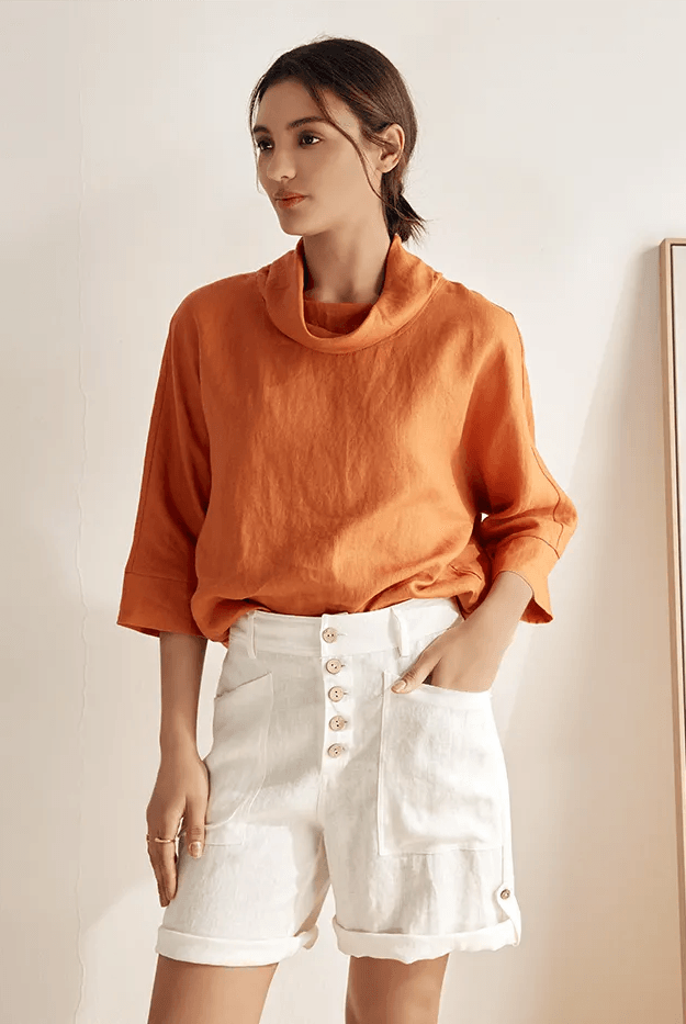 Linen Button-Fly Quarter Shorts LUCY - BOTTOMS-Linen