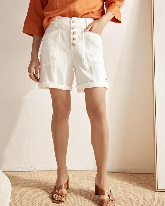 Linen Button-Fly Quarter Shorts LUCY - BOTTOMS-Linen
