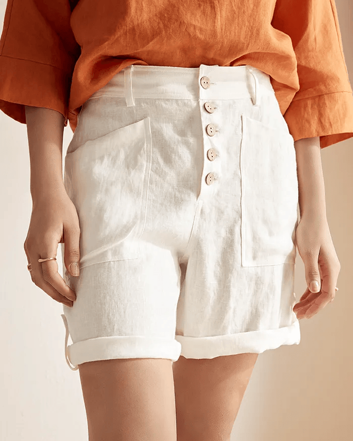 Linen Button-Fly Quarter Shorts LUCY - BOTTOMS-Linen