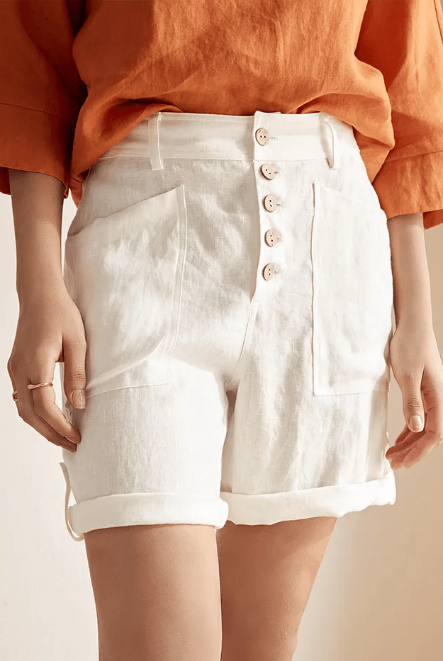 Linen Button-Fly Quarter Shorts LUCY - BOTTOMS-Linen