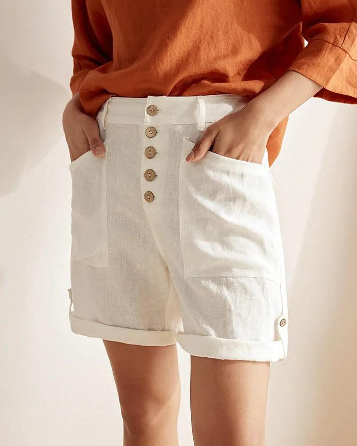 Linen Button-Fly Quarter Shorts LUCY - BOTTOMS-Linen