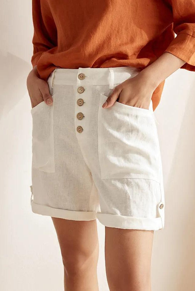 Linen Button-Fly Quarter Shorts LUCY - BOTTOMS-Linen
