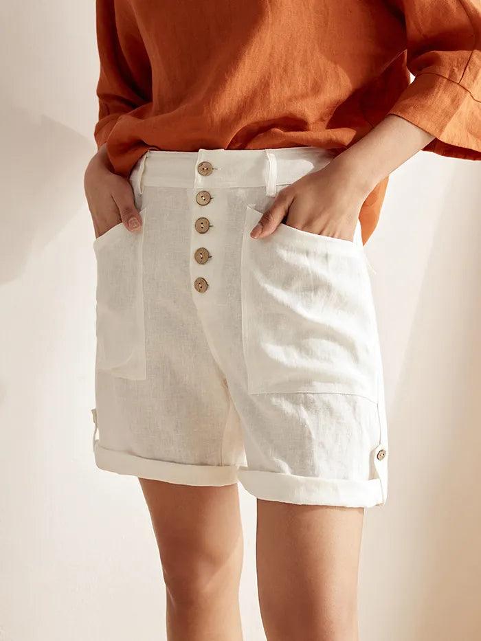 Linen Button-Fly Quarter Shorts LUCY - BOTTOMS-Linen