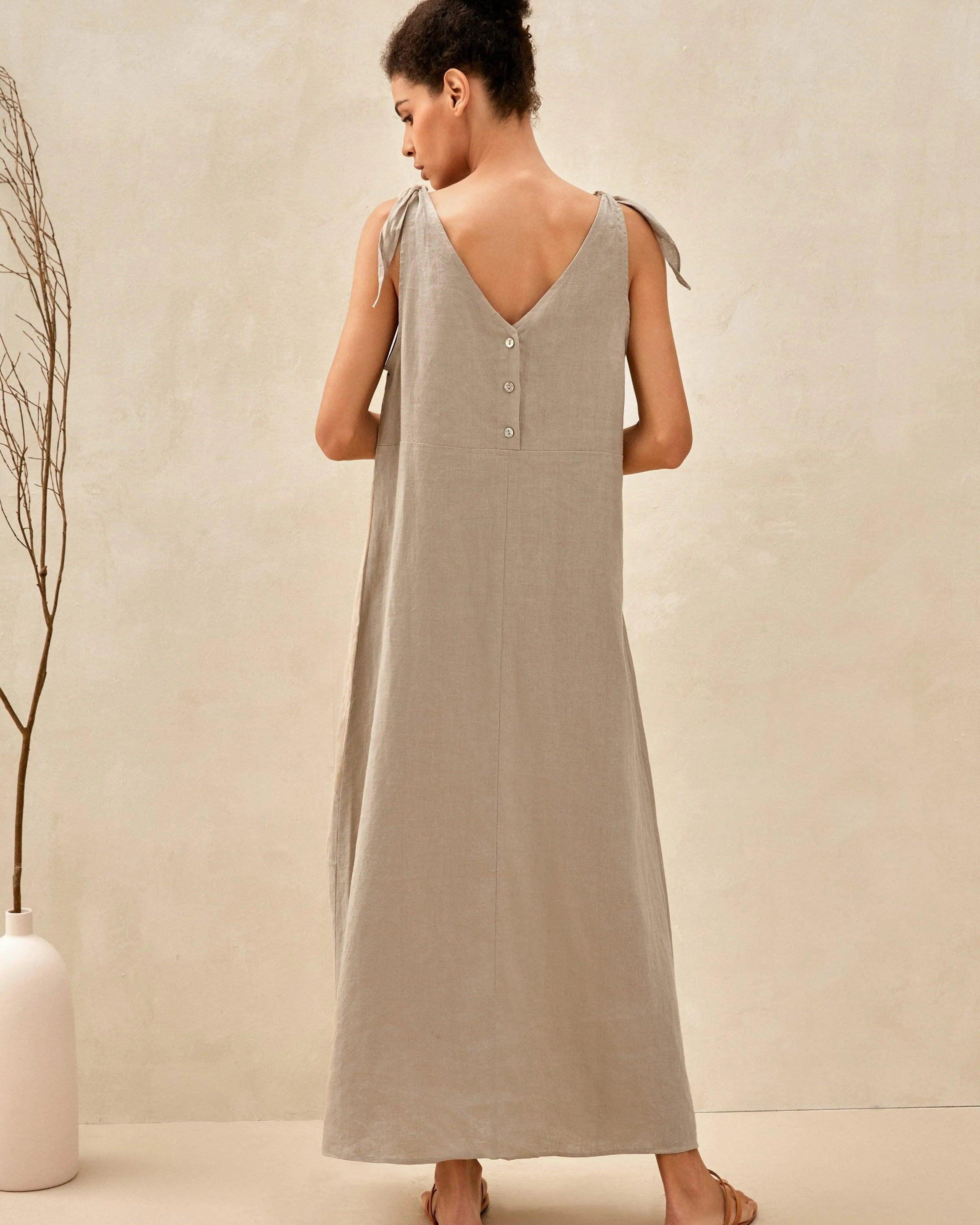 100% Linen Camisole Dress QEARL - Natural / S - DRESSES-Linen Maxi