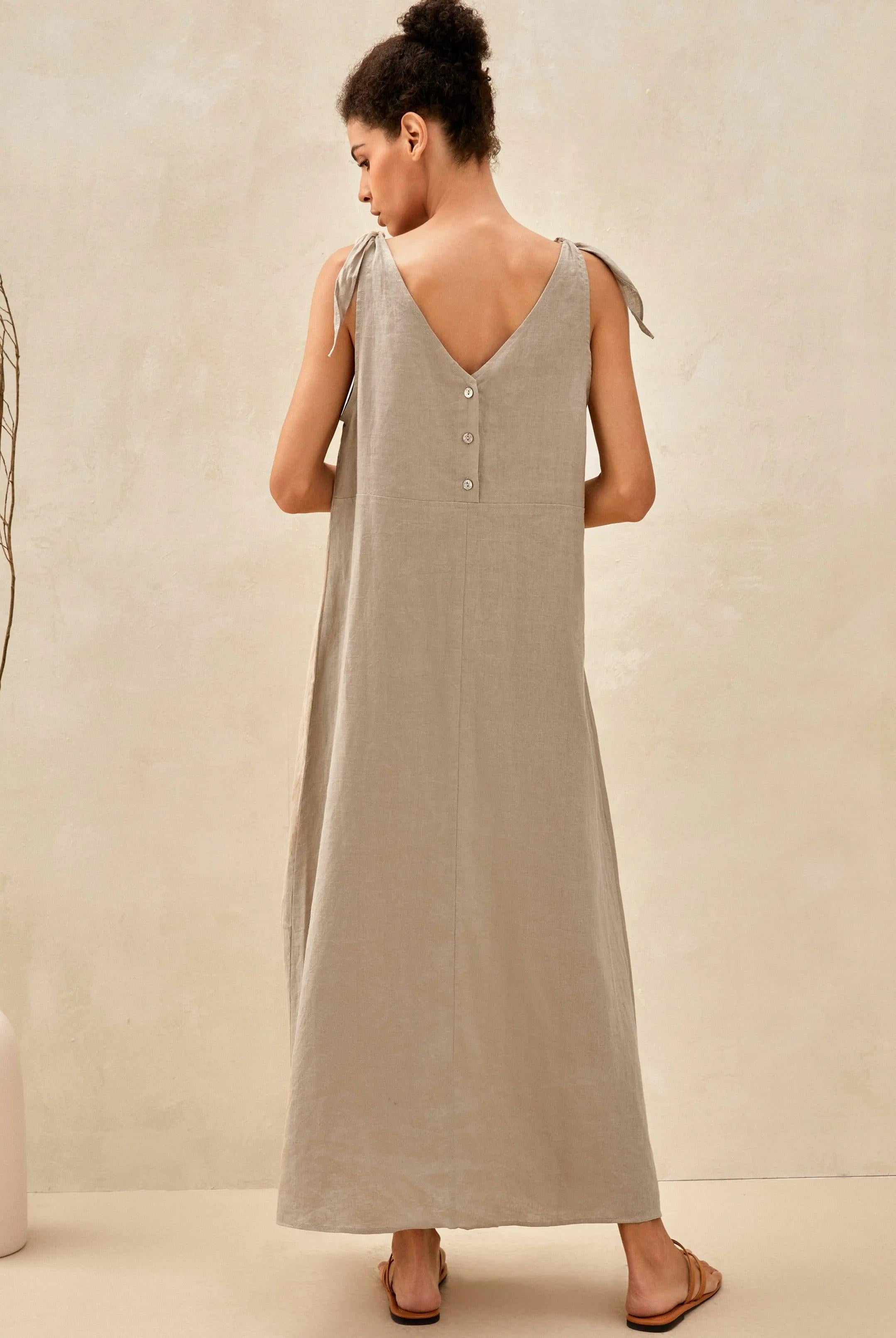 100% Linen Camisole Dress QEARL - Natural / S - DRESSES-Linen Maxi