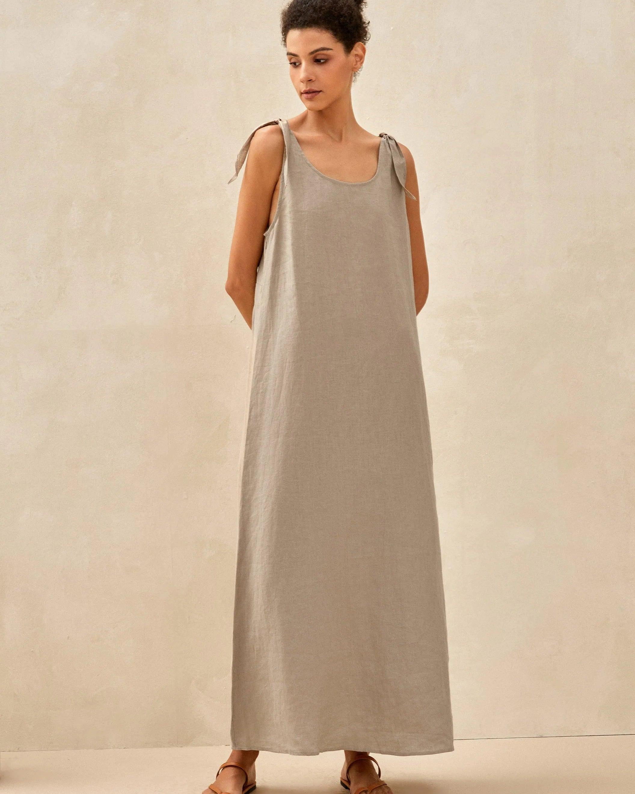 100% Linen Camisole Dress QEARL - DRESSES-Linen Maxi