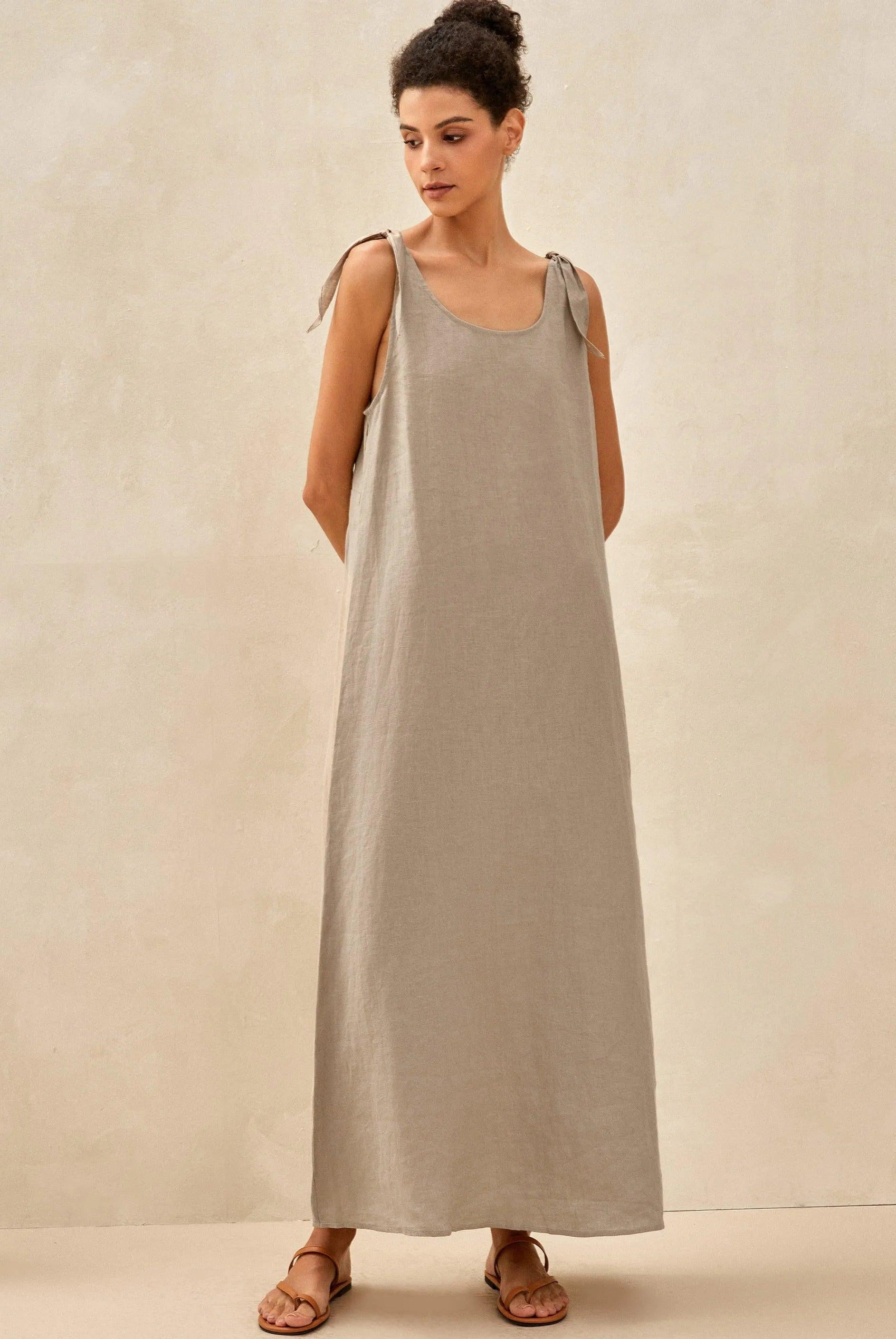 100% Linen Camisole Dress QEARL - DRESSES-Linen Maxi