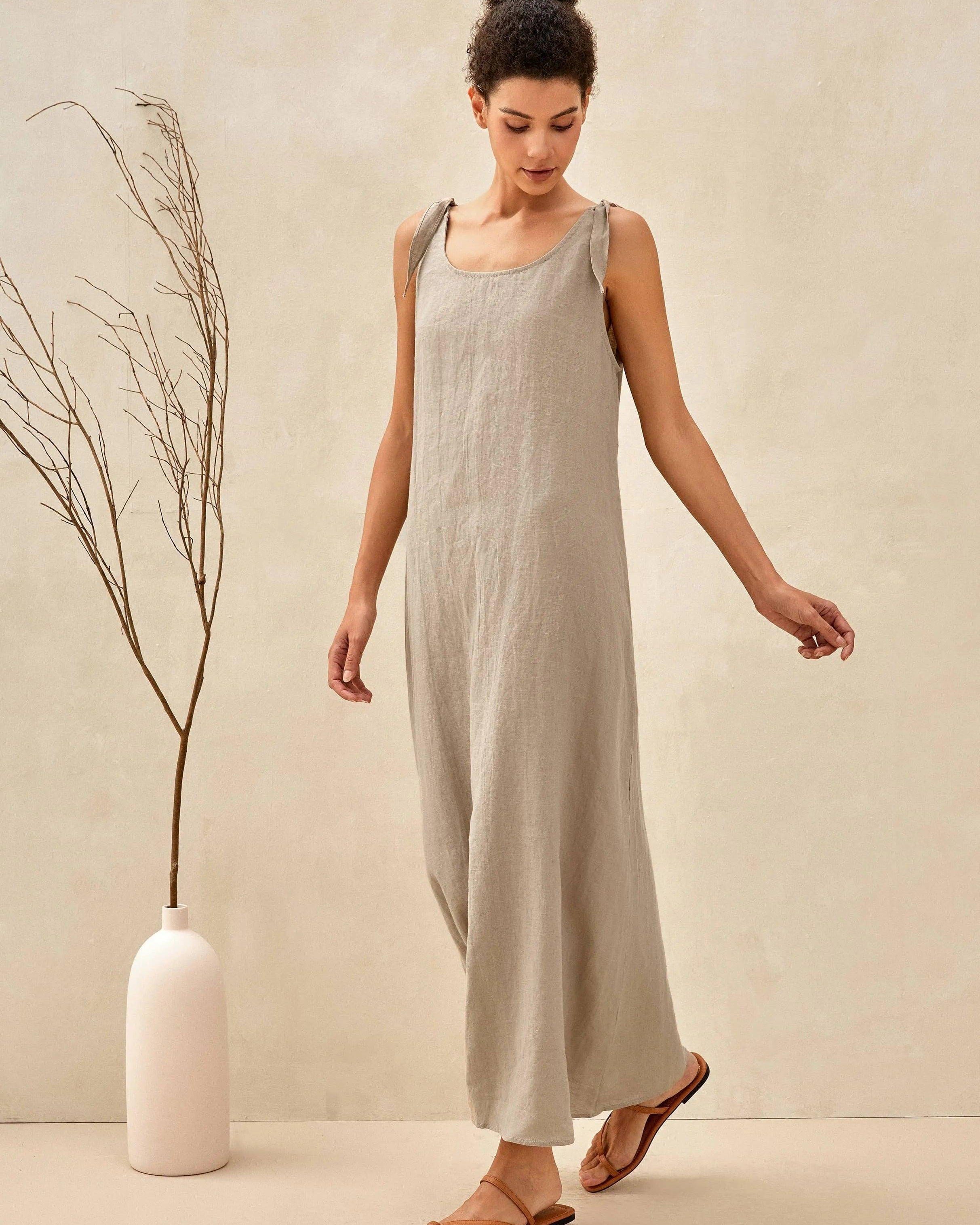 100% Linen Camisole Dress QEARL - DRESSES-Linen Maxi