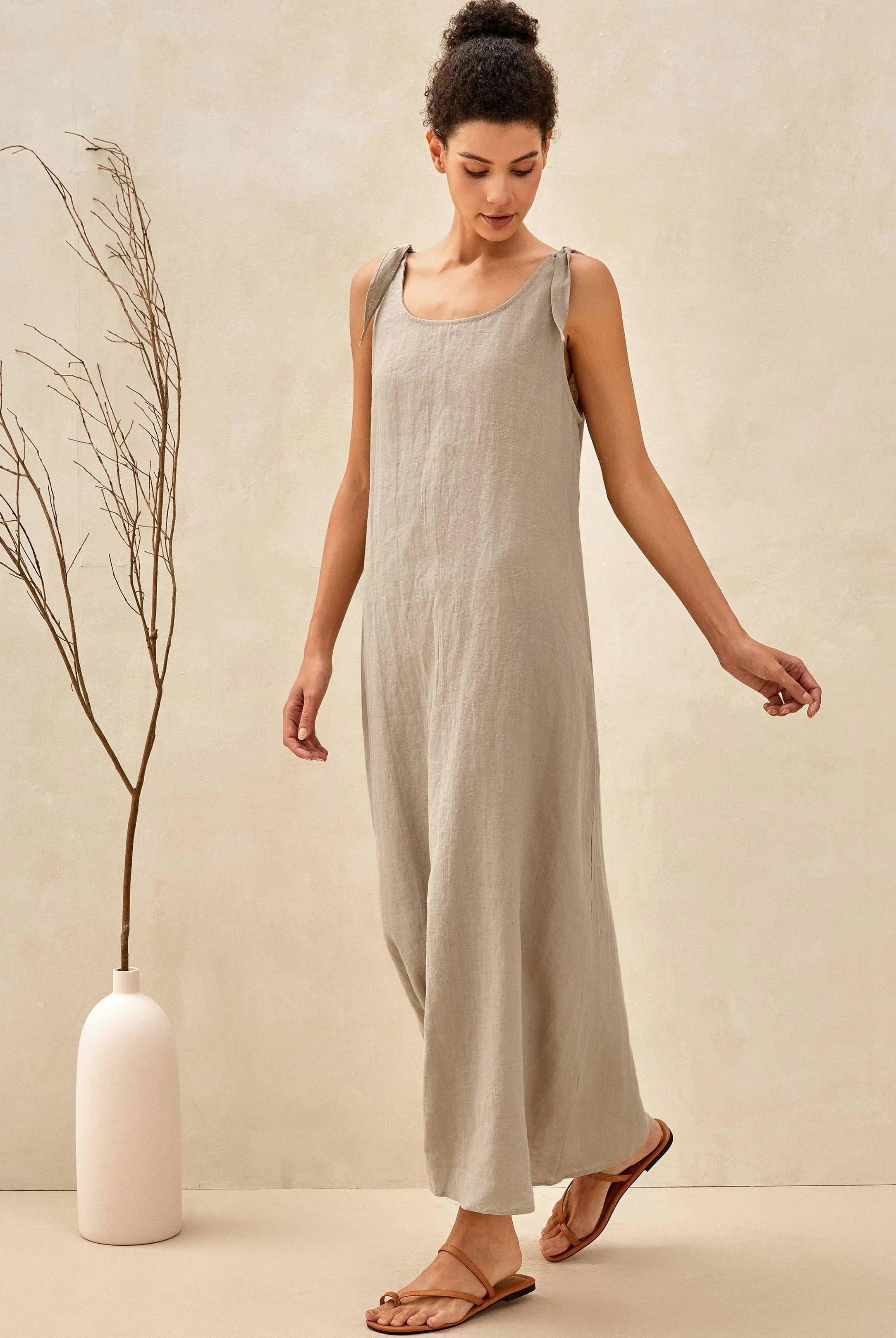 100% Linen Camisole Dress QEARL - DRESSES-Linen Maxi