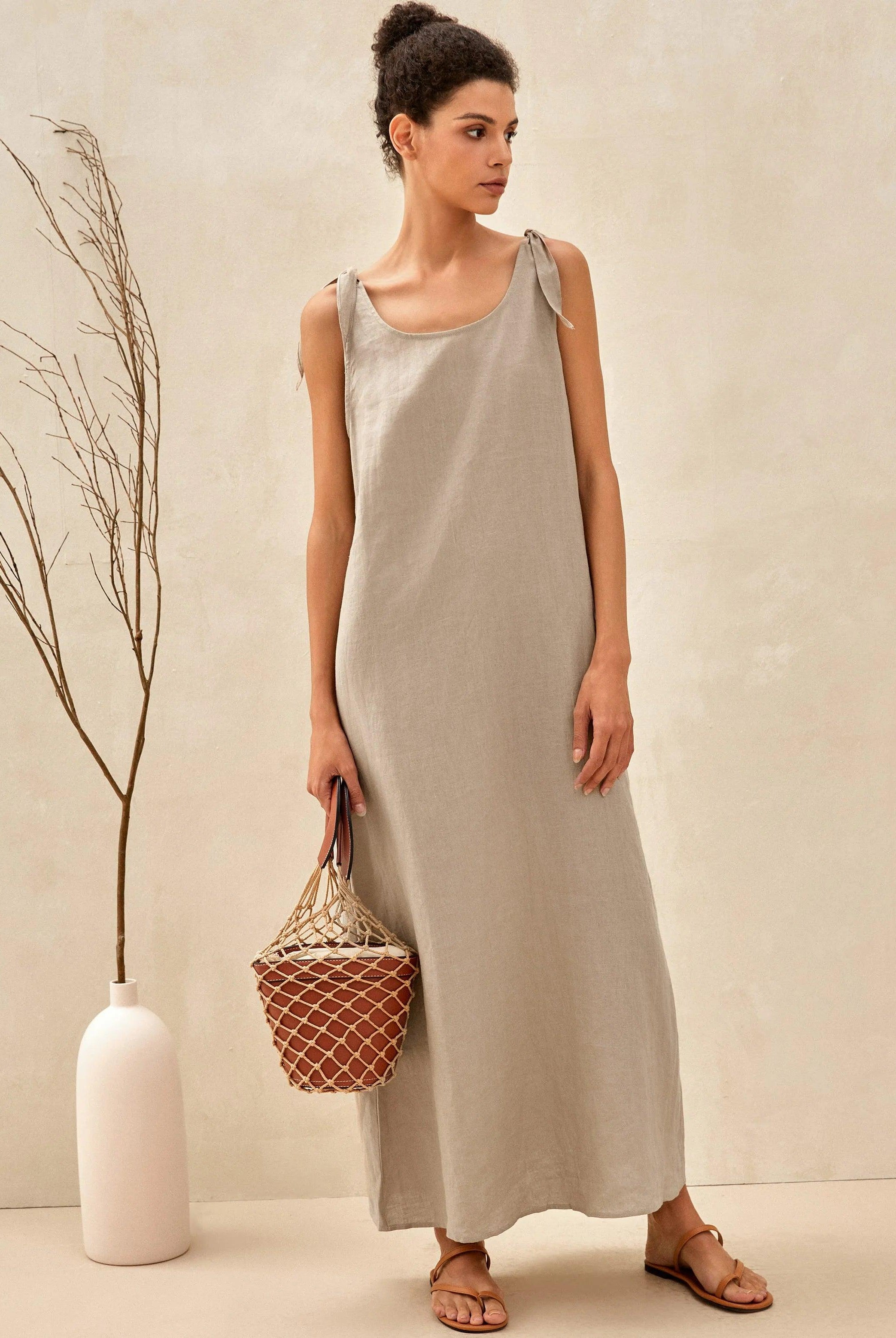100% Linen Camisole Dress QEARL - DRESSES-Linen Maxi