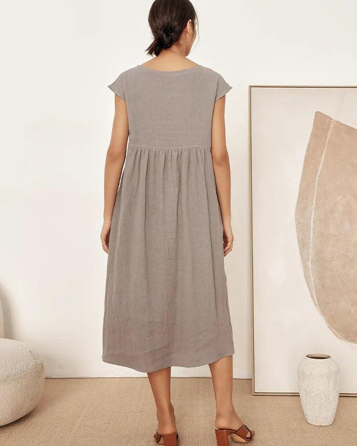 Linen Striped Cap Sleeve Washed Maxi Dress - DRESSES-Linen