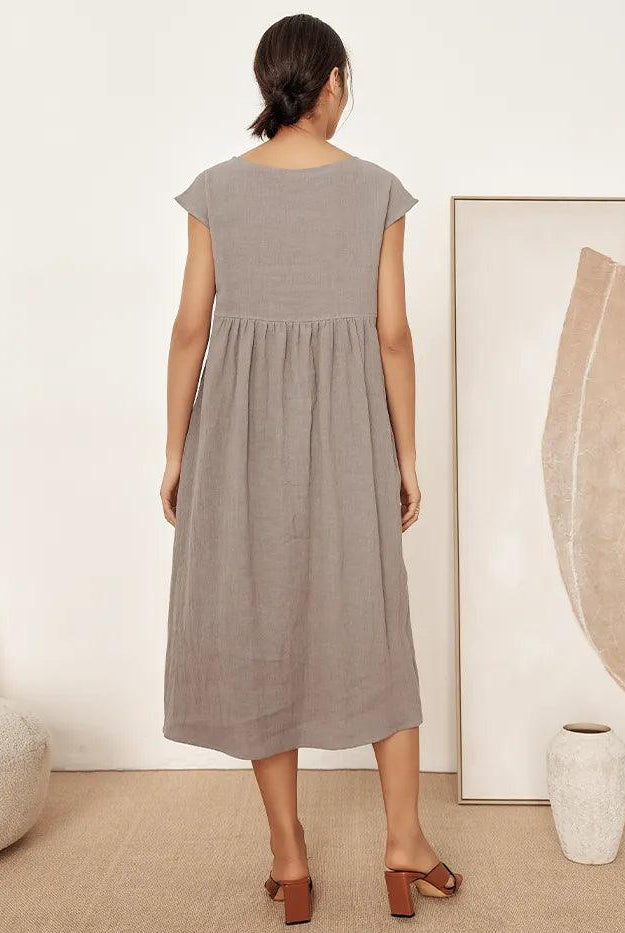 Linen Striped Cap Sleeve Washed Maxi Dress - DRESSES-Linen