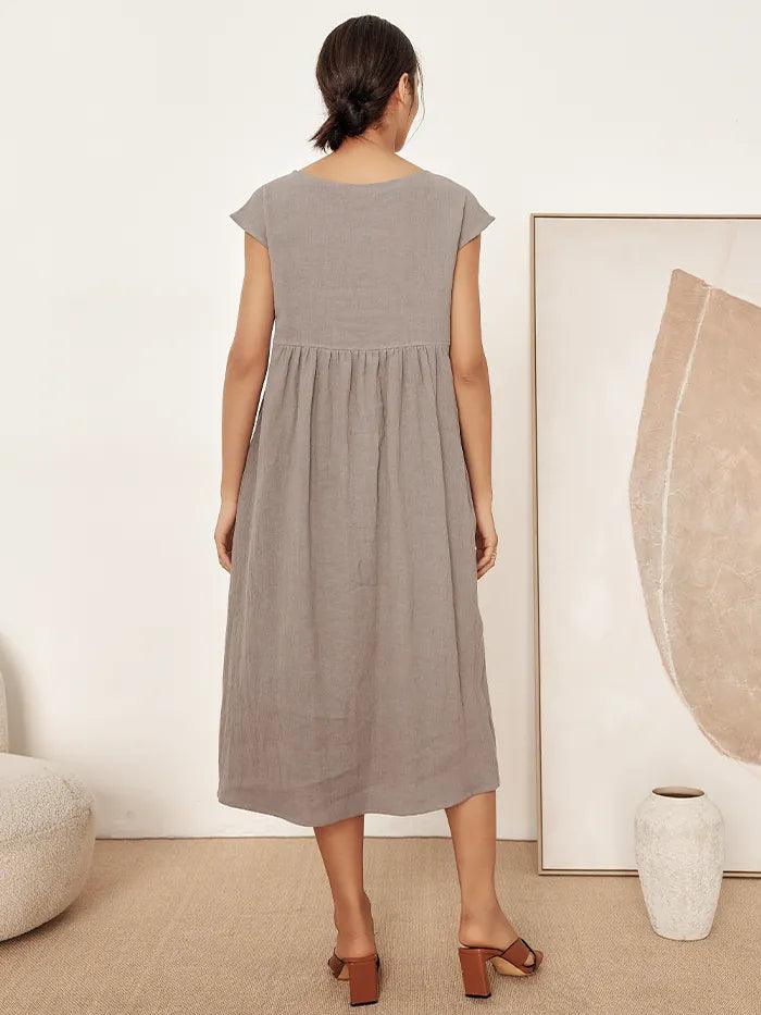 Linen Striped Cap Sleeve Washed Maxi Dress - DRESSES-Linen