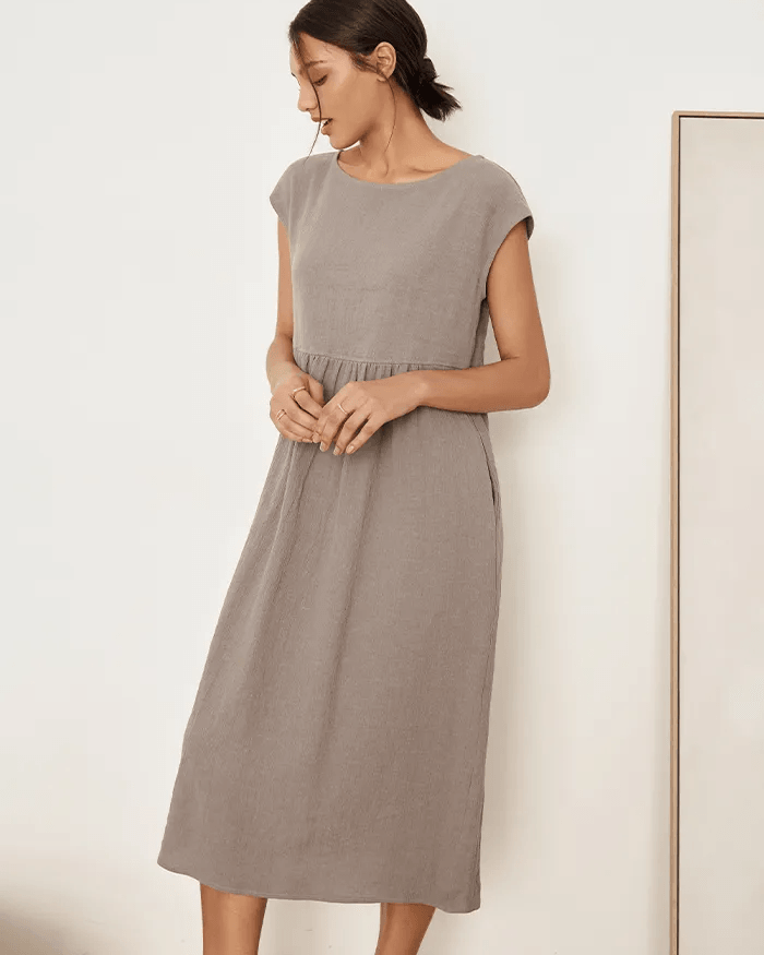 JOAN 100% Linen Cap Sleeve Washed Maxi Dress - DRESSES-Linen