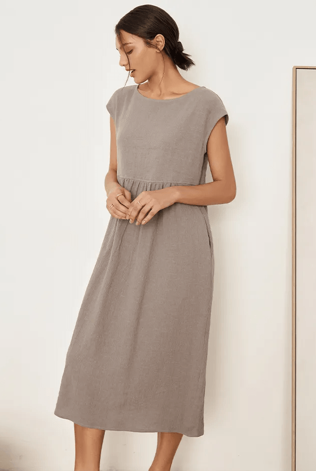 JOAN 100% Linen Cap Sleeve Washed Maxi Dress - DRESSES-Linen