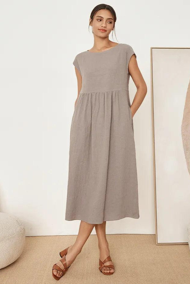 JOAN 100% Linen Cap Sleeve Washed Maxi Dress - DRESSES-Linen