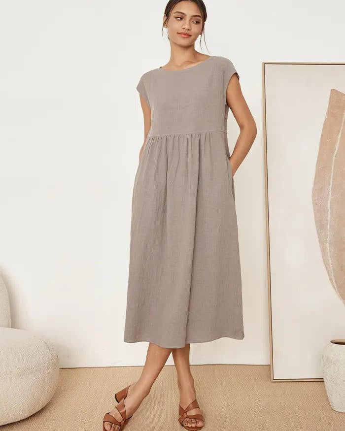 Linen Striped Cap Sleeve Washed Maxi Dress - DRESSES-Linen