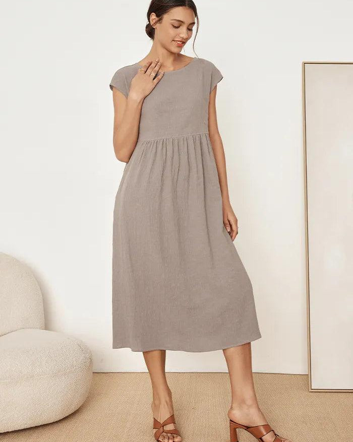 Linen Striped Cap Sleeve Washed Maxi Dress - DRESSES-Linen