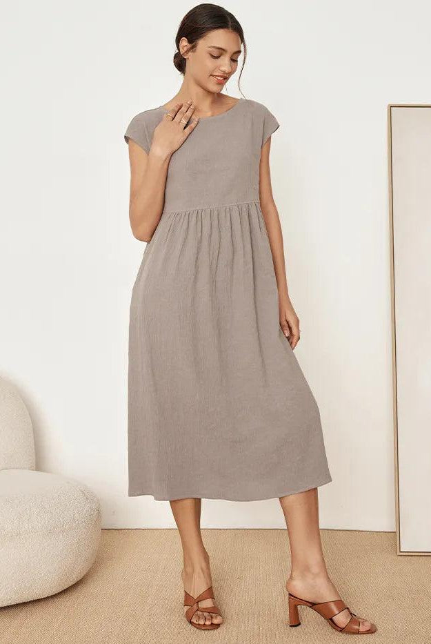 JOAN 100% Linen Cap Sleeve Washed Maxi Dress - DRESSES-Linen