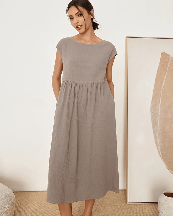 JOAN 100% Linen Cap Sleeve Washed Maxi Dress - Cloud Grey / XS - DRESSES-Linen