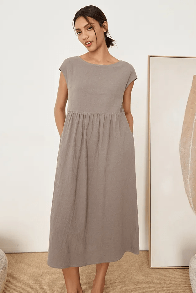 JOAN 100% Linen Cap Sleeve Washed Maxi Dress - Cloud Grey / XS - DRESSES-Linen