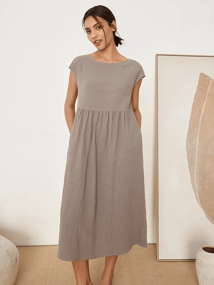 Linen Striped Cap Sleeve Washed Maxi Dress - Cloud Grey / S - DRESSES-Linen