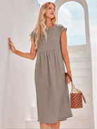 Linen Striped Cap Sleeve Washed Maxi Dress - DRESSES-Linen