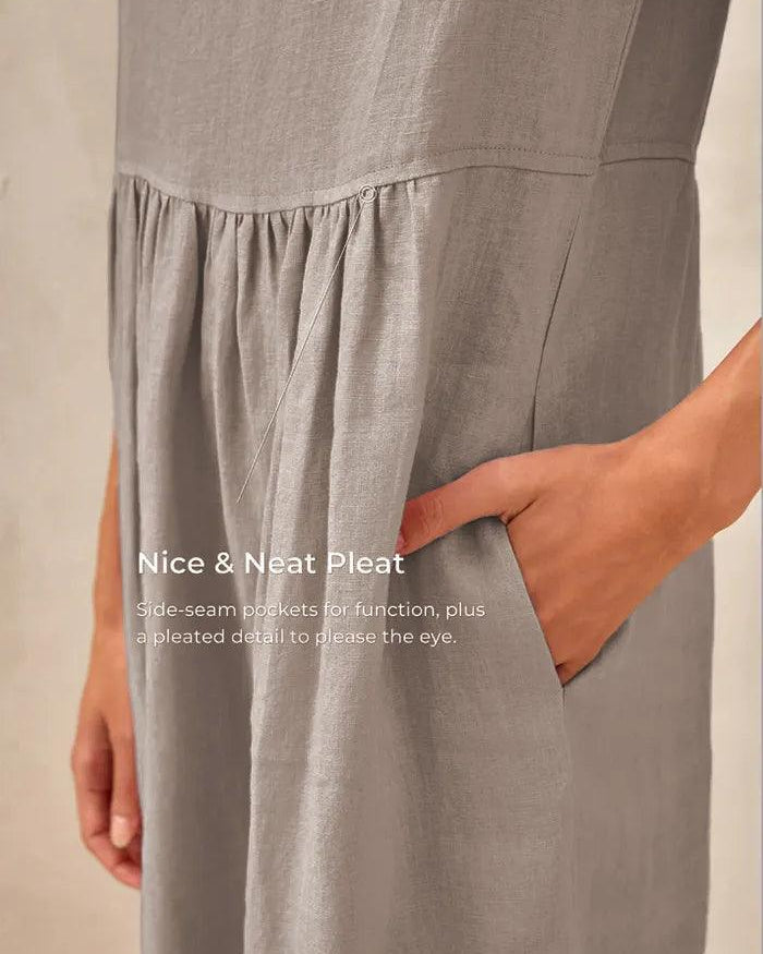 Linen Striped Cap Sleeve Washed Maxi Dress - DRESSES-Linen