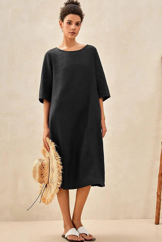 100% Linen Collarless Mid-Length Dress SOFIA - Charcoal Black / S - DRESSES-Linen Midi