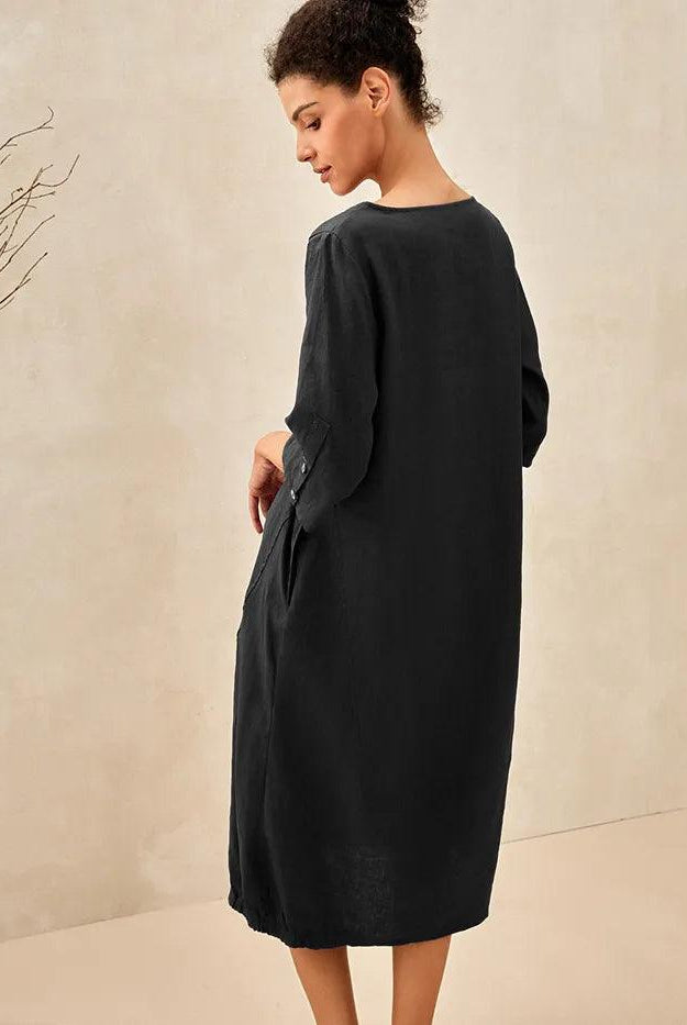 100% Linen Collarless Mid-Length Dress SOFIA - DRESSES-Linen Midi