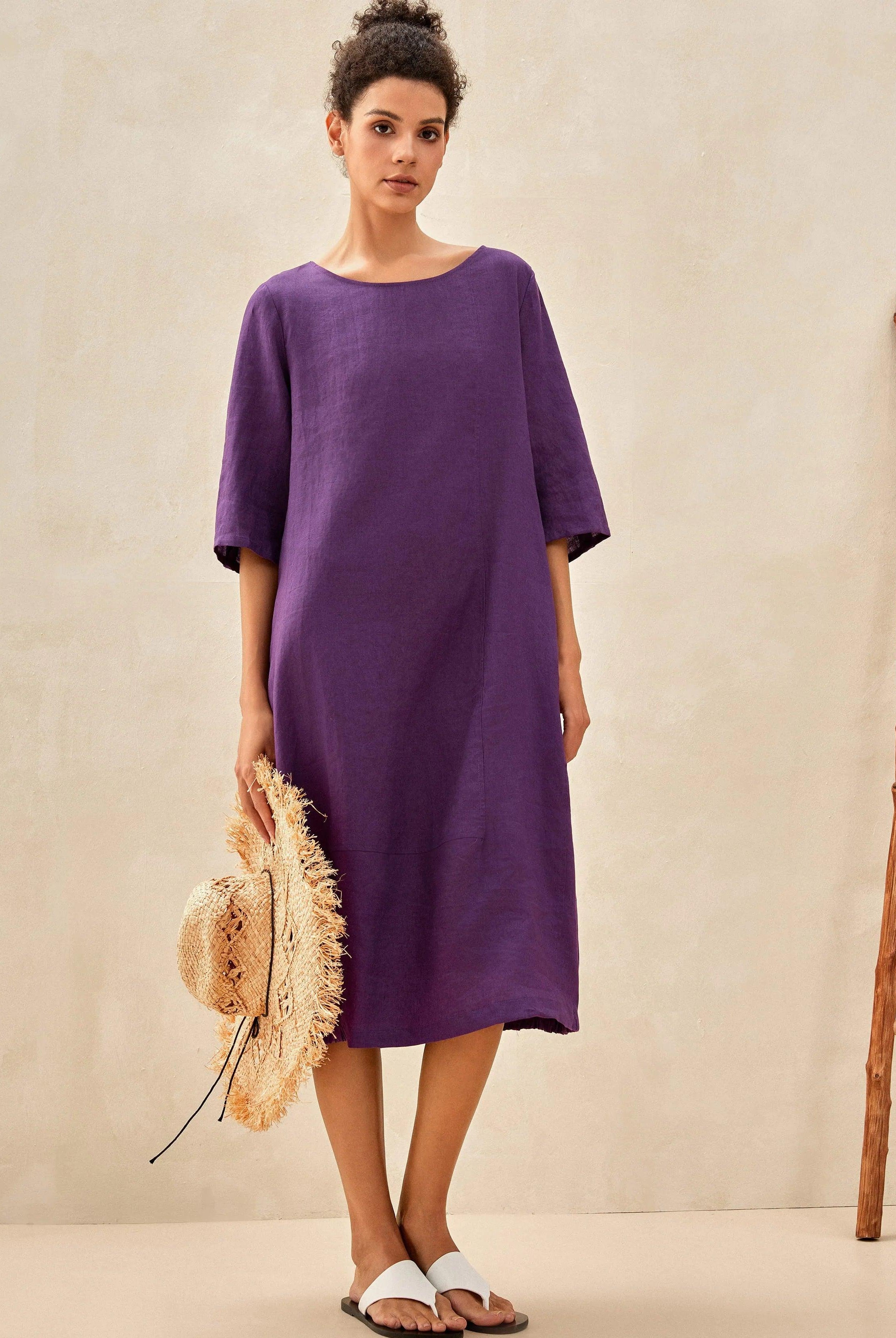 100% Linen Collarless Mid-Length Dress SOFIA - Dark Purple / S - DRESSES-Linen Midi
