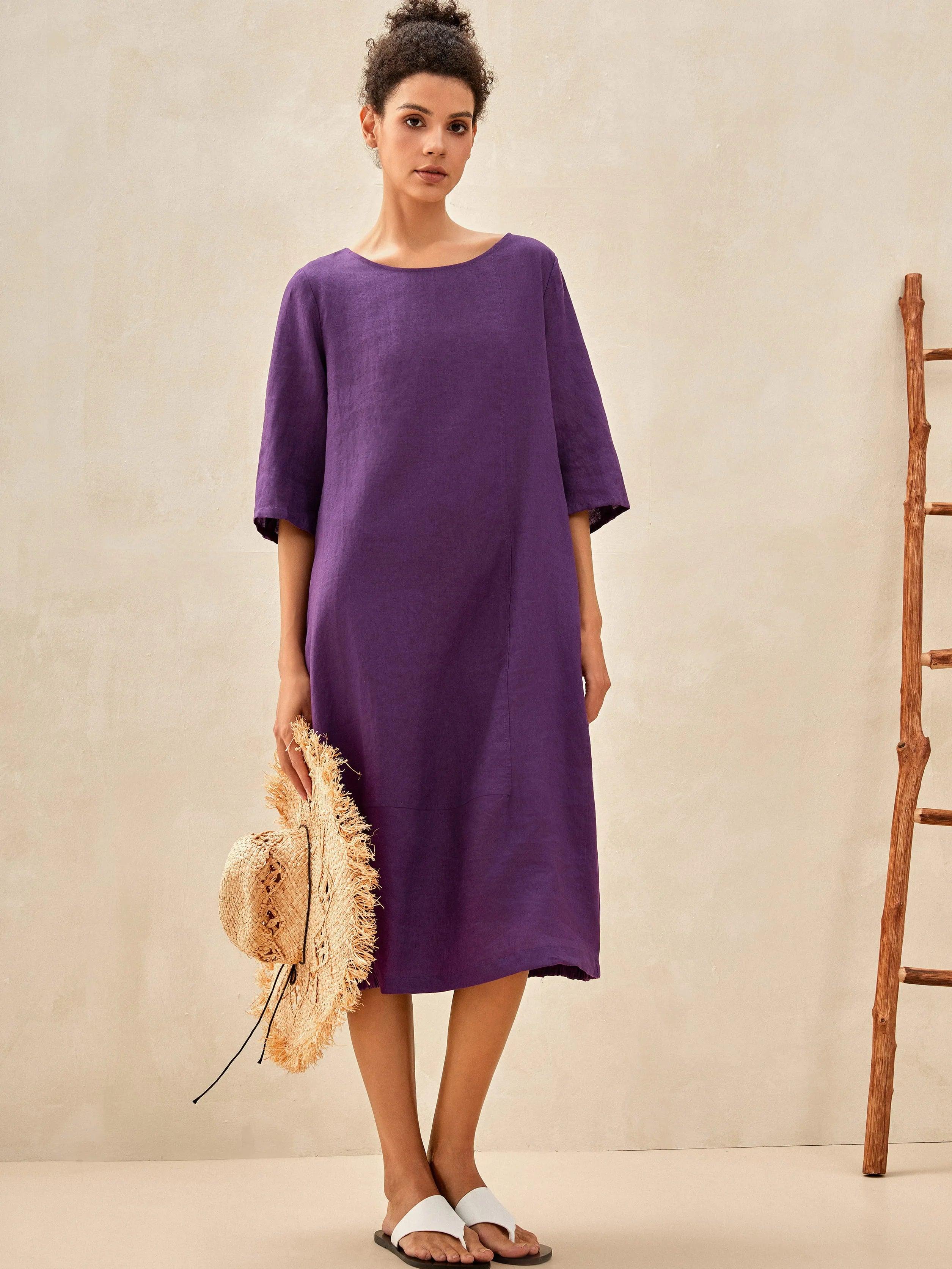 100% Linen Collarless Mid-Length Dress SOFIA - Dark Purple / S - DRESSES-Linen Midi