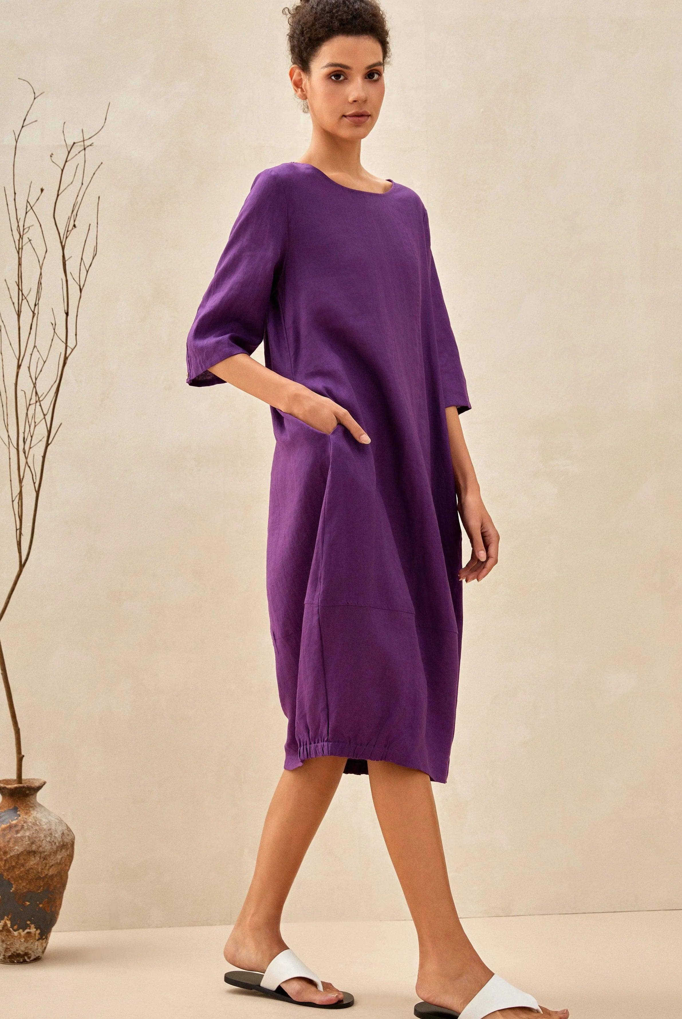 100% Linen Collarless Mid-Length Dress SOFIA - DRESSES-Linen Midi