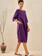 100% Linen Collarless Mid-Length Dress SOFIA - DRESSES-Linen Midi