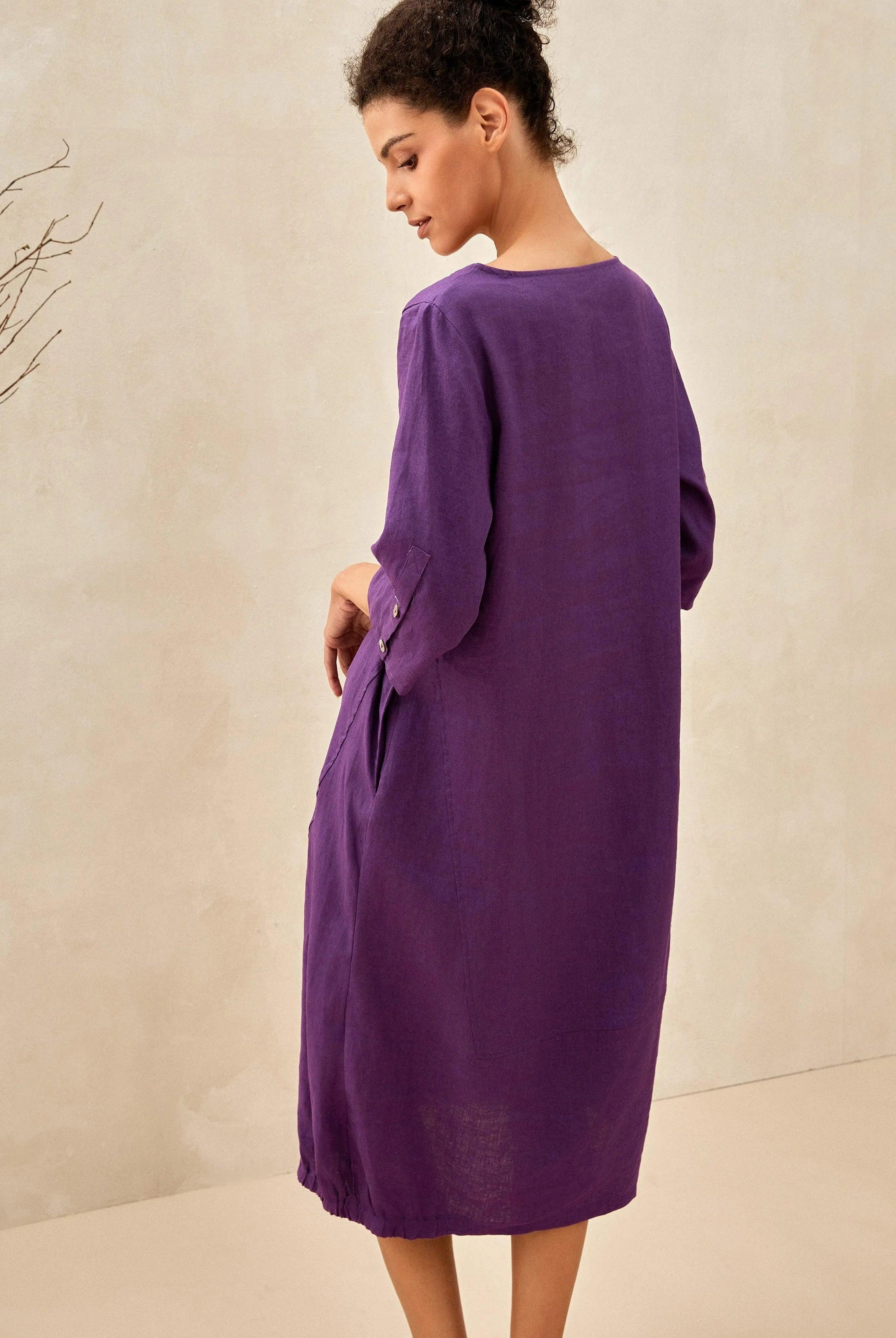 100% Linen Collarless Mid-Length Dress SOFIA - DRESSES-Linen Midi