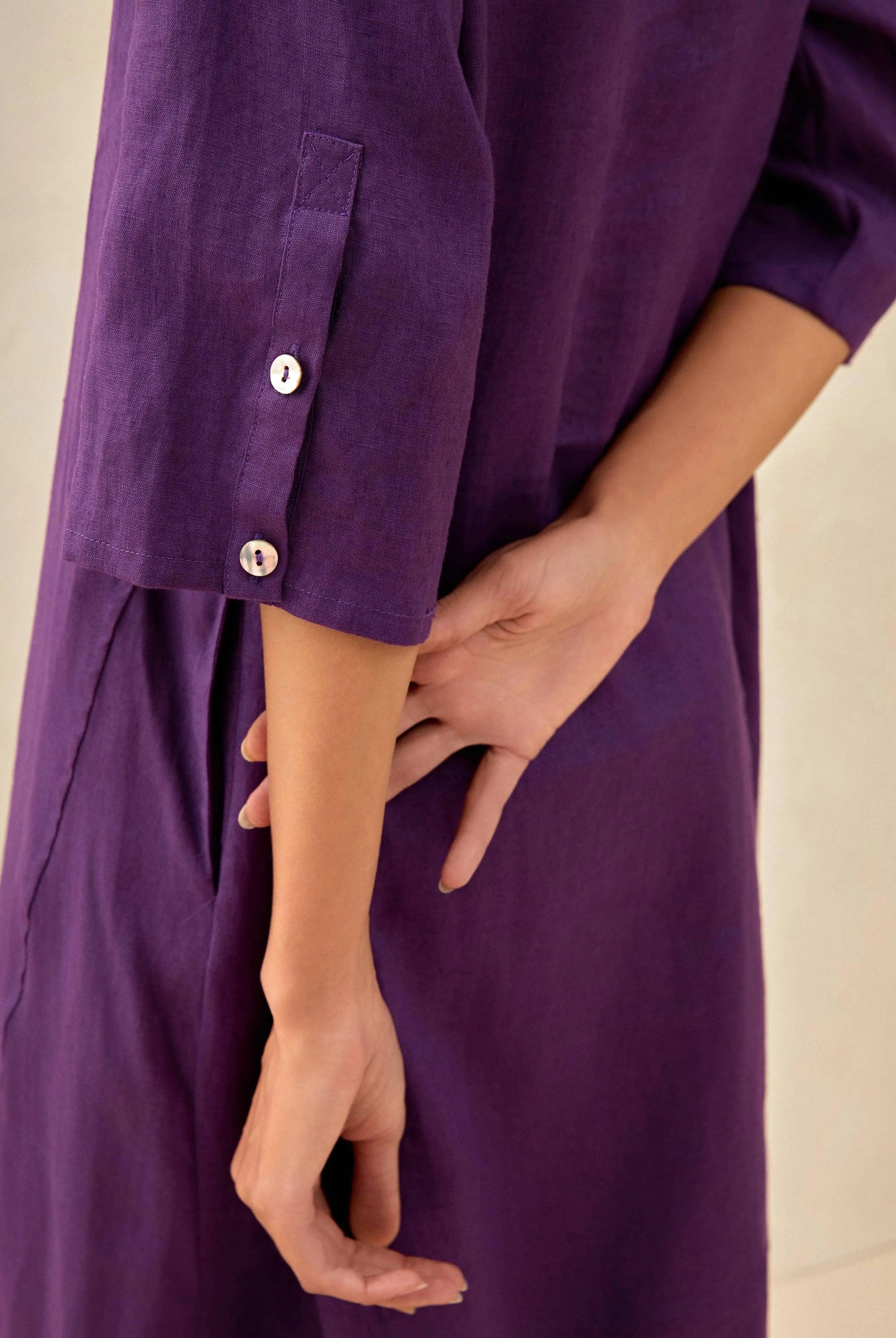 100% Linen Collarless Mid-Length Dress SOFIA - DRESSES-Linen Midi