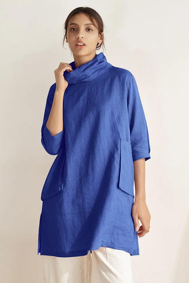 100% Linen Cowl Neck Oversized Tunic ELEANOR - Royal blue / S - TOPS-Linen Tunics