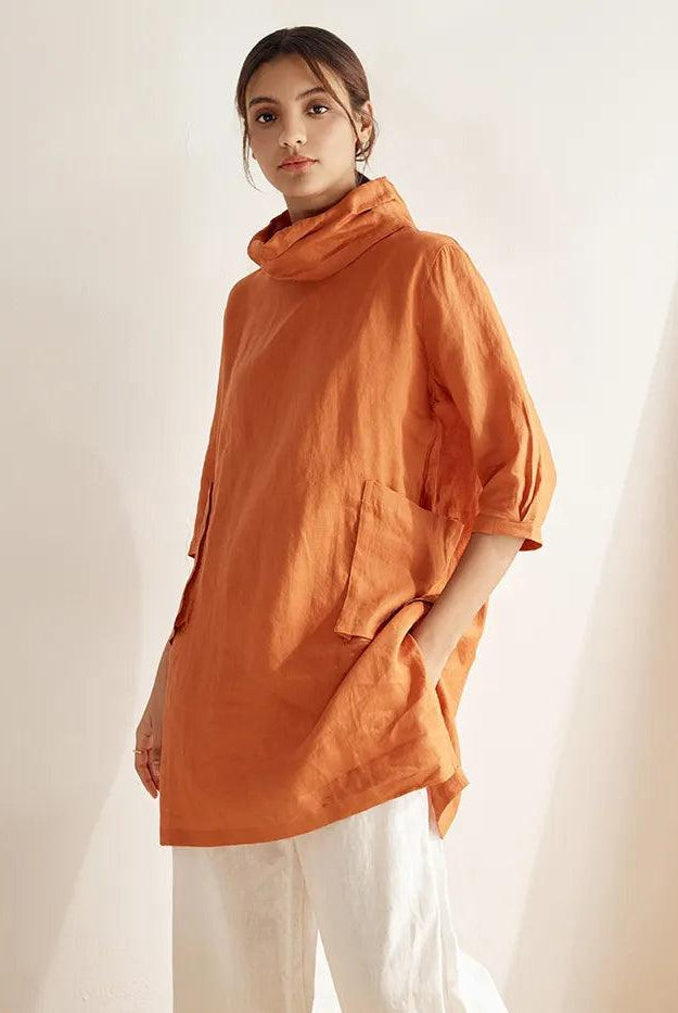 100% Linen Cowl Neck Oversized Tunic ELEANOR - TOPS-Linen Tunics