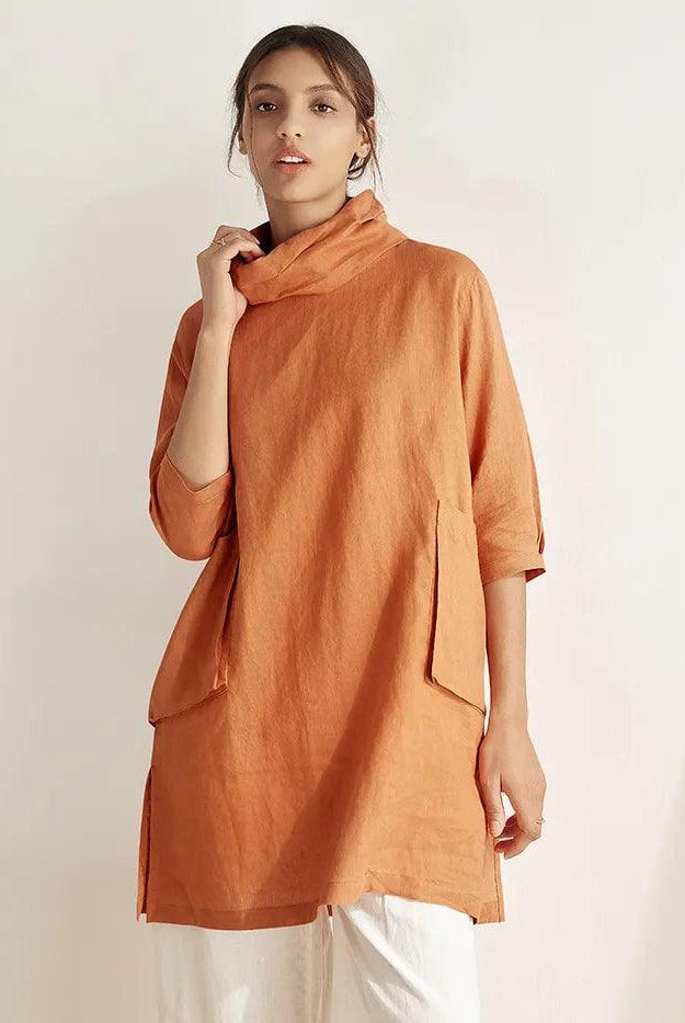 100% Linen Cowl Neck Oversized Tunic ELEANOR - Sun Orange / S - TOPS-Linen Tunics