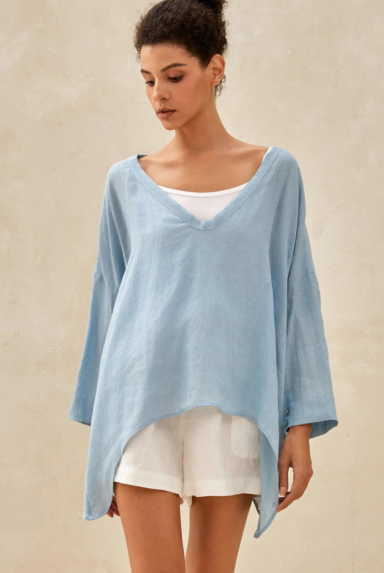 100% Linen Delicate Deep V-Neck Over Top KAIA - Ice Blue / S - TOPS-Linen Tunics