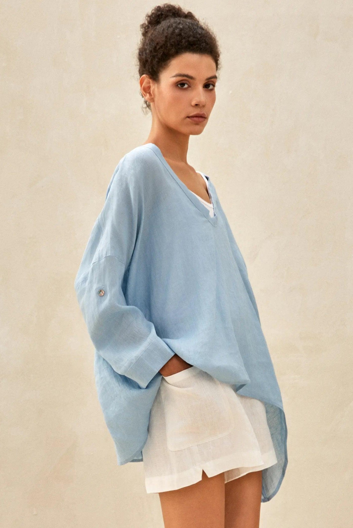 100% Linen Delicate Deep V-Neck Over Top KAIA - TOPS-Linen Tunics