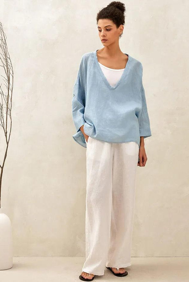 100% Linen Delicate Deep V-Neck Over Top KAIA - TOPS-Linen Tunics