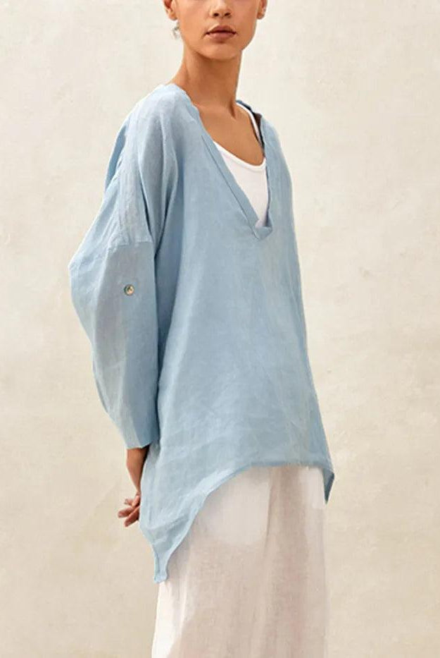 100% Linen Delicate Deep V-Neck Over Top KAIA - TOPS-Linen Tunics