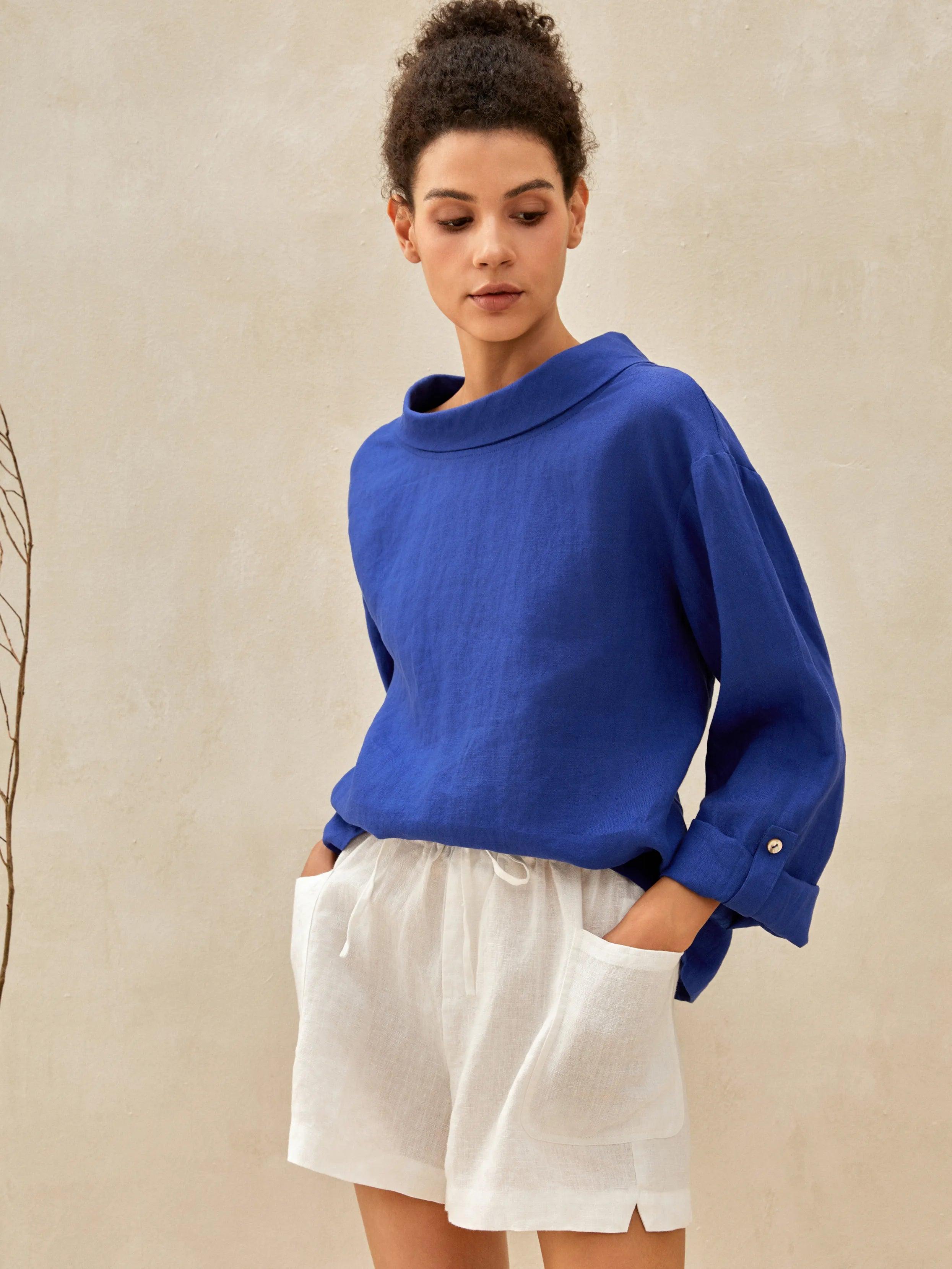 100% Linen Draped Neck Top HOLLIS - Royal Blue / S - TOPS-Linen Blouses